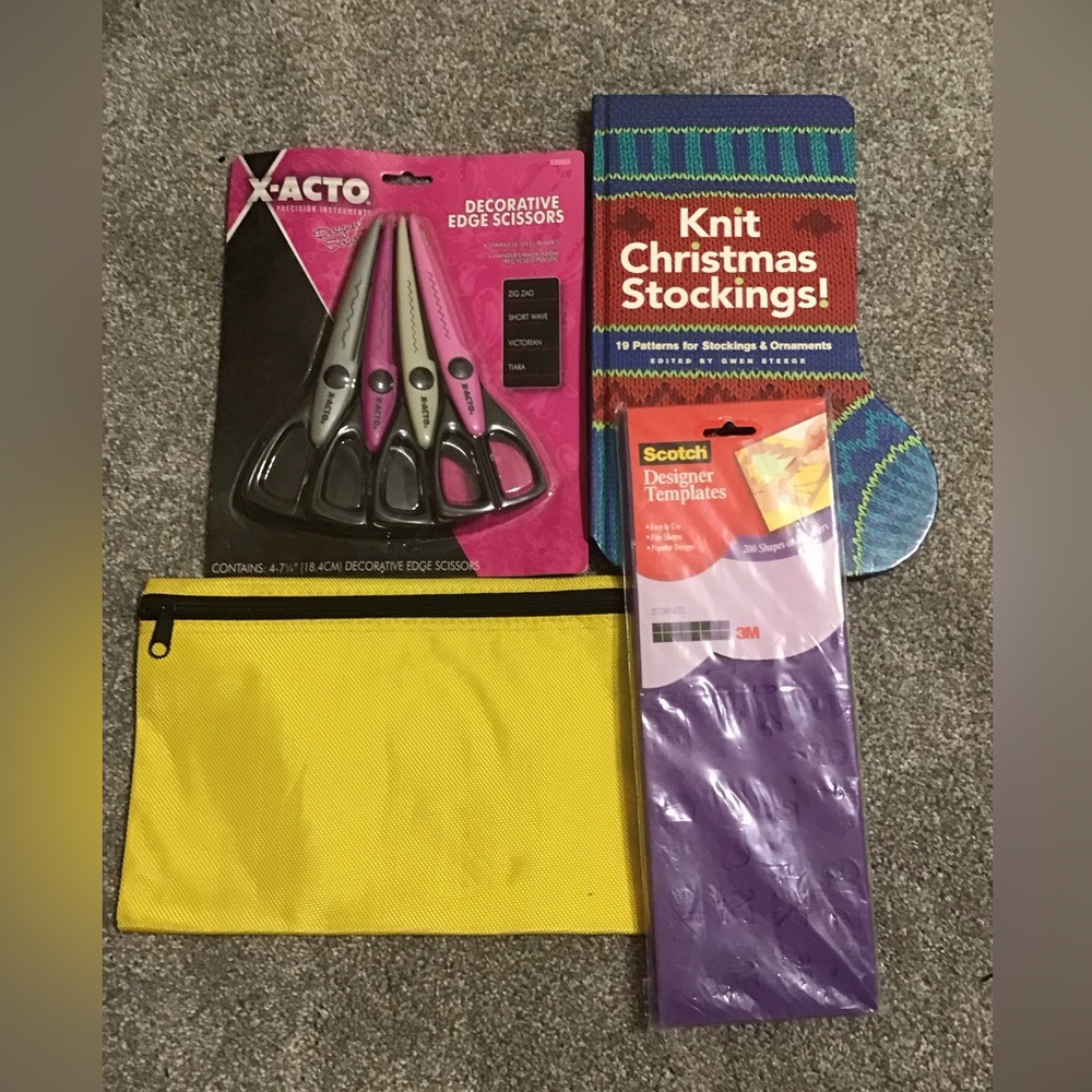 X-Acto Decorative scissors, Christmas Knit book, Designer Templates, yellow bag